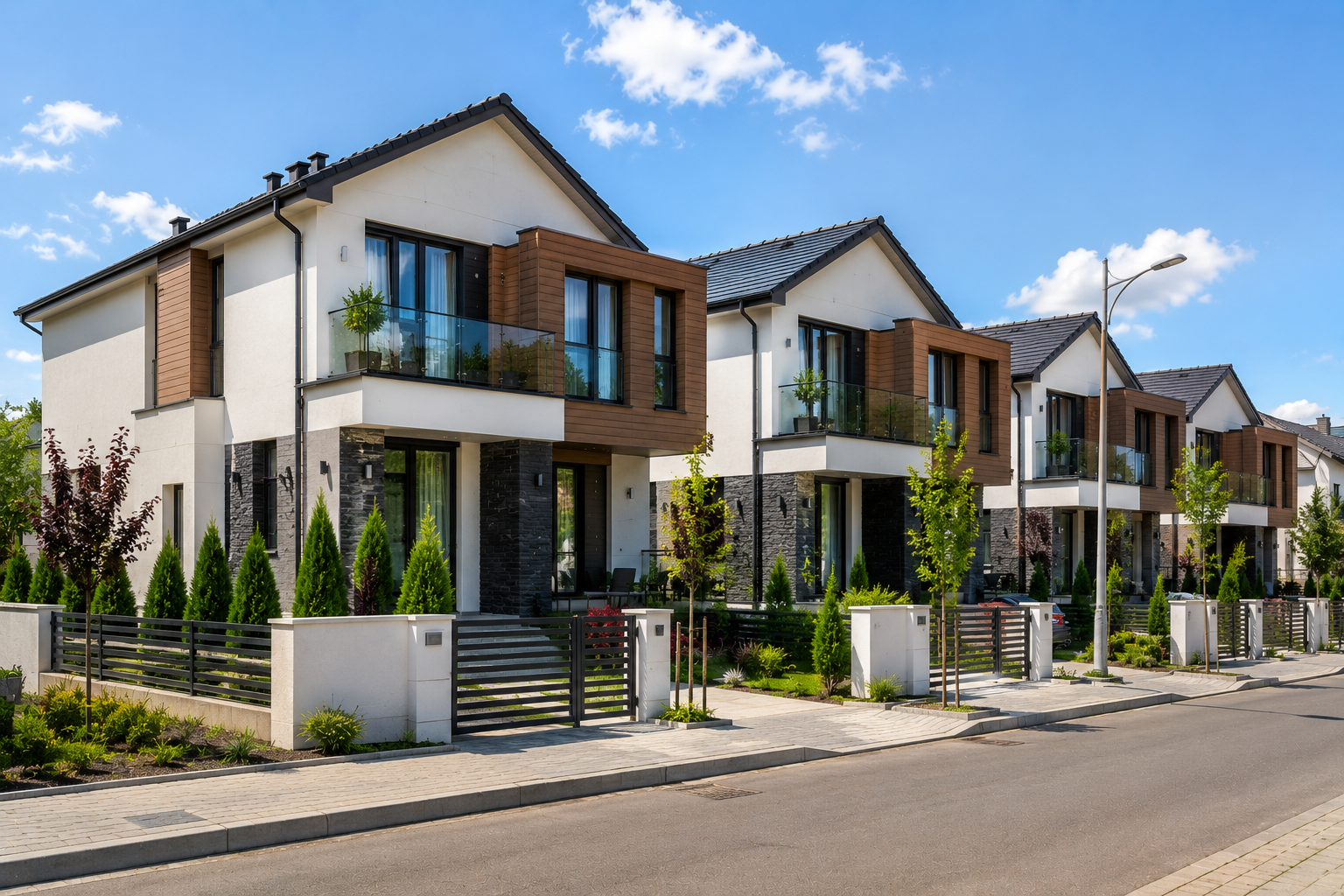 Daytime view of contemporary family homes