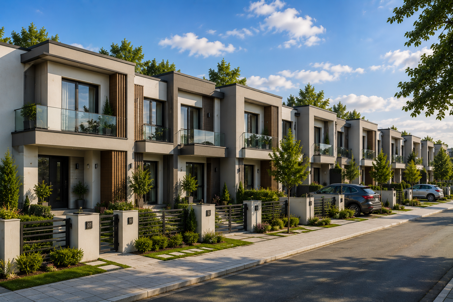 Daytime view of a modern residential development