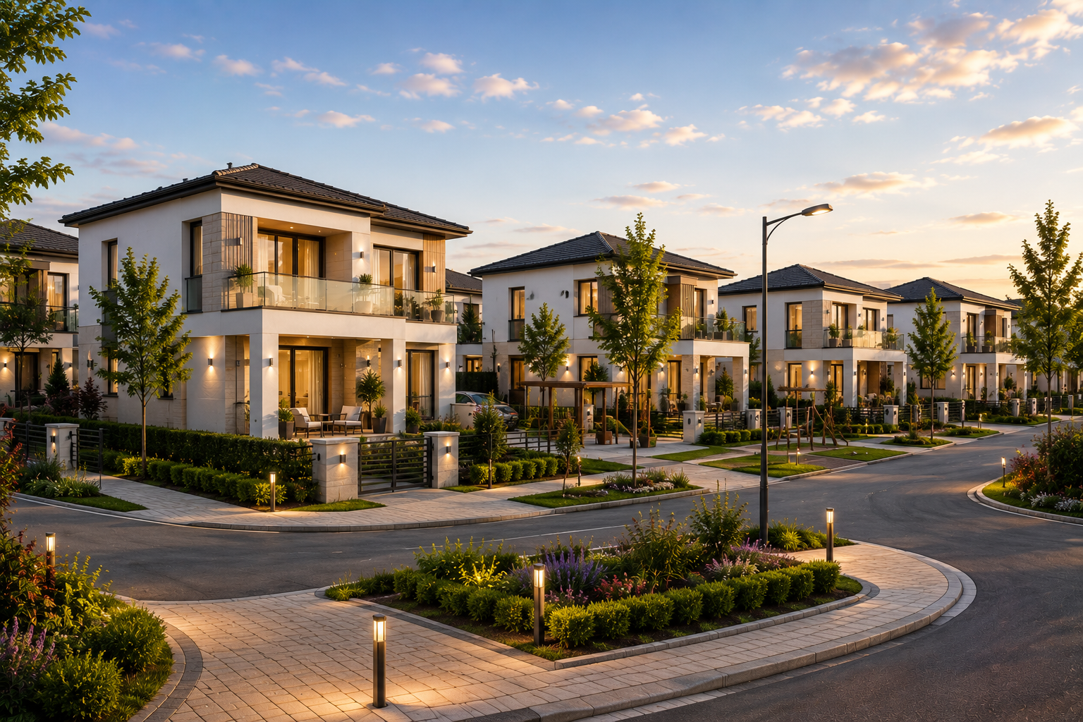 Modern homes in a landscaped residential development